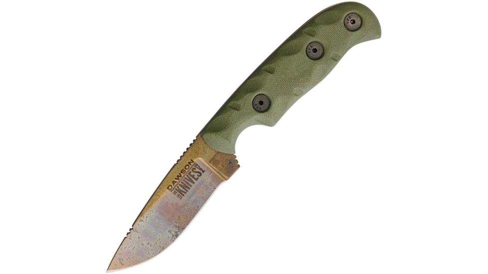Dawson Knives Deep Notch Fixed Blade OD Fixed Blade Knife, 7.25in Overall, 3.25in Arizona Copper Finish Cpm-3V Carbon Steel Blade, OD Green Sculpted G10, DW63523
