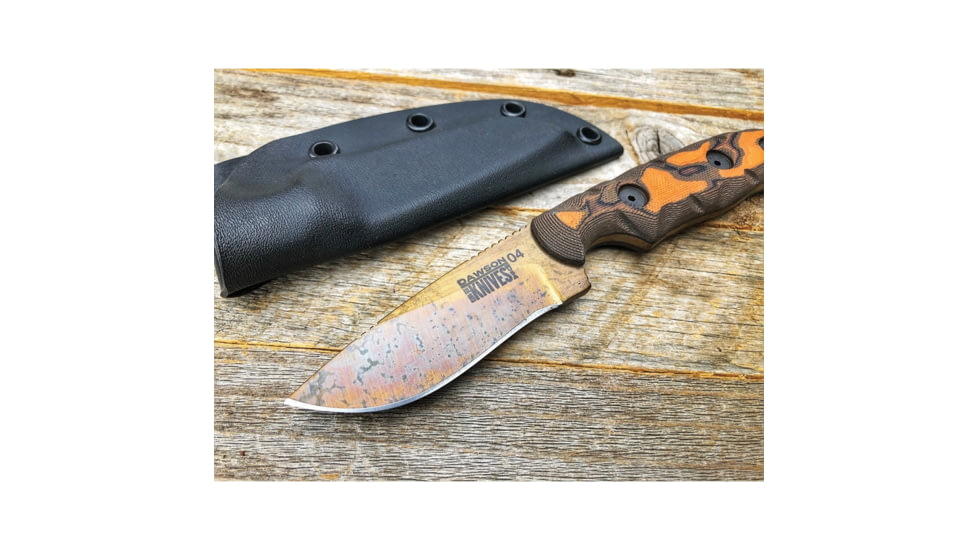 Dawson Knives Deep Notch Fixed Blade Orange Fixed Blade Knife, 7.25in Overall, 3.25in Arizona Copper Finish Cpm-3V Carbon Steel Blade, Black/Orange Sculpted G10, DW64094
