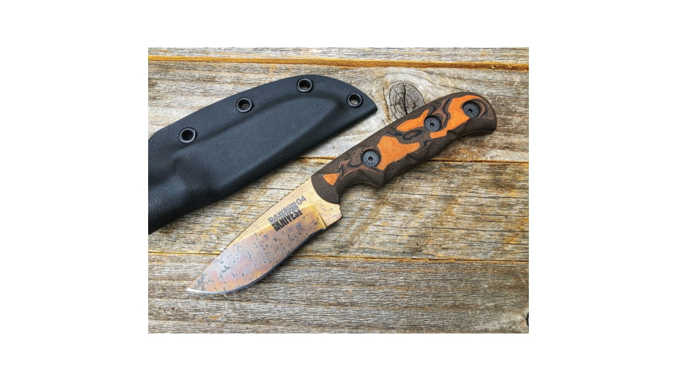 Dawson Knives Deep Notch Fixed Blade Orange Fixed Blade Knife, 7.25in Overall, 3.25in Arizona Copper Finish Cpm-3V Carbon Steel Blade, Black/Orange Sculpted G10, DW64094