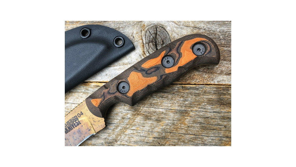Dawson Knives Deep Notch Fixed Blade Orange Fixed Blade Knife, 7.25in Overall, 3.25in Arizona Copper Finish Cpm-3V Carbon Steel Blade, Black/Orange Sculpted G10, DW64094