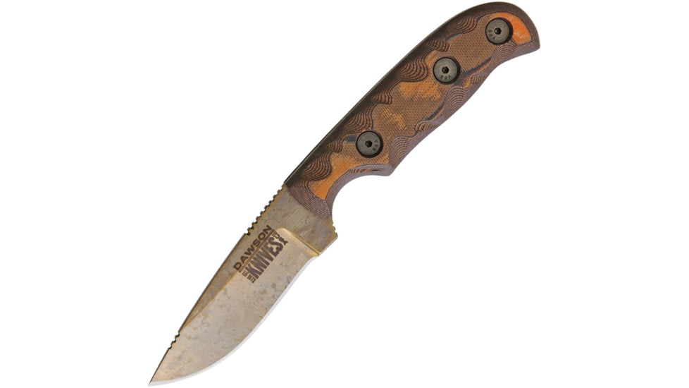 Dawson Knives Deep Notch Fixed Blade Orange Fixed Blade Knife, 7.25in Overall, 3.25in Arizona Copper Finish Cpm-3V Carbon Steel Blade, Black/Orange Sculpted G10, DW64094