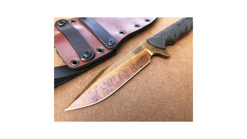 Dawson Knives Mojave 6 Fixed Blade Knife, 11.38in Overall, 6in Arizona Copper Finish Cpm-3V Carbon Steel Blade, Black Sculpted G10 Handle, Serialized, Black Kydex And Brown Leather Sheath, DW63820