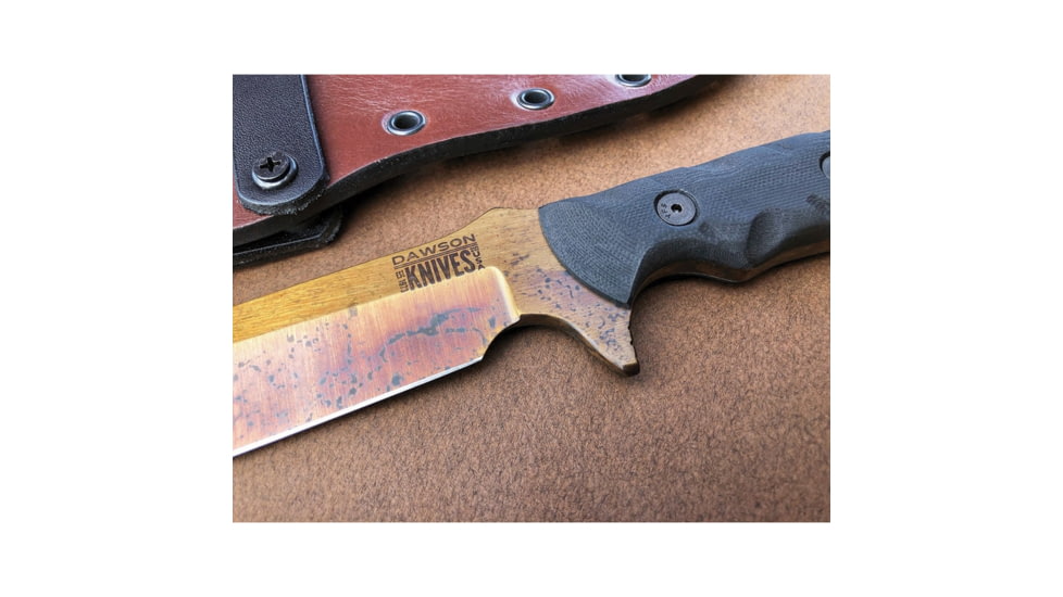 Dawson Knives Mojave 6 Fixed Blade Knife, 11.38in Overall, 6in Arizona Copper Finish Cpm-3V Carbon Steel Blade, Black Sculpted G10 Handle, Serialized, Black Kydex And Brown Leather Sheath, DW63820