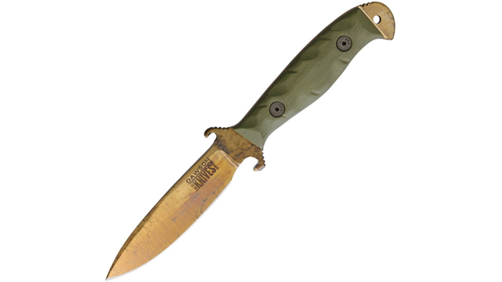 Dawson Knives Raider 4 OD Green Fixed Blade Knife, 9in Overall, 4in Arizona Copper Finish Cpm-3V Carbon Steel Blade, OD Green Sculpted G10 Handle, Serialized, Black Kydex And Brown Leather Sheath, DW63998