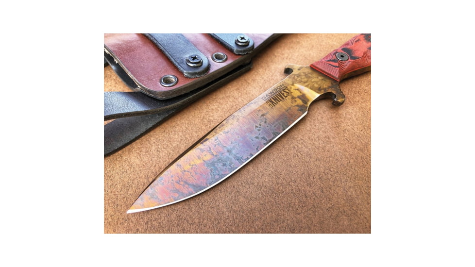 Dawson Knives Raider 5/Red Fixed Blade Knife, 10.25in Overall, 5in Arizona Copper Finish Cpm-3V Carbon Steel Blade, Black/Red Sculpted G10 Handle, Serialized, Black Kydex And Brown Leather Sheath, DW64056