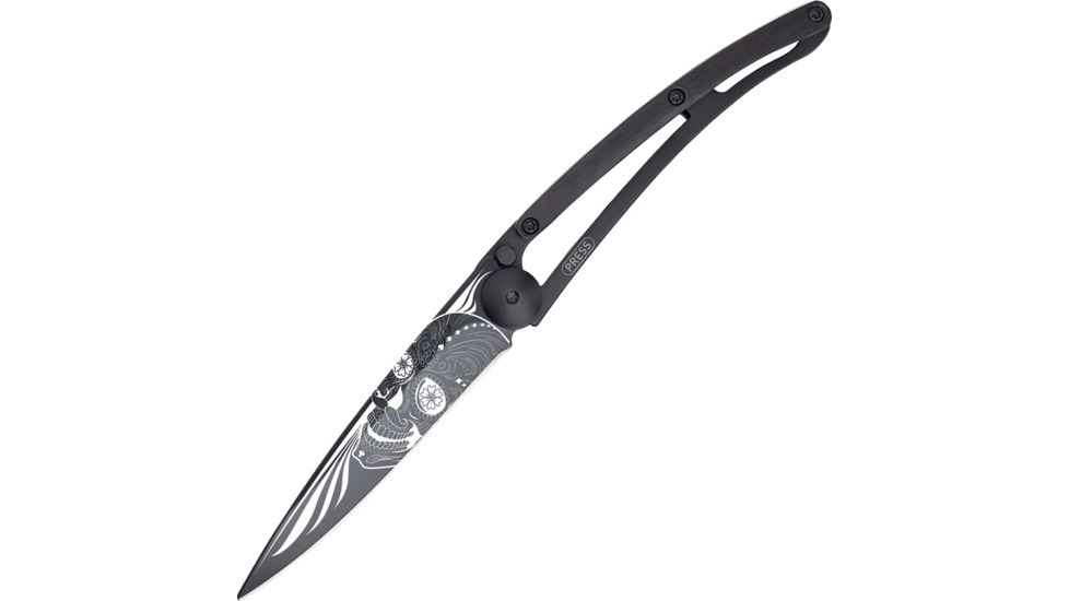Deejo Black Tattoo Latino Skull 37g Folding Knife,3.75in,Z40C13 Steel,Black Titanium,Granadilla Wood Handle DEE1GB106