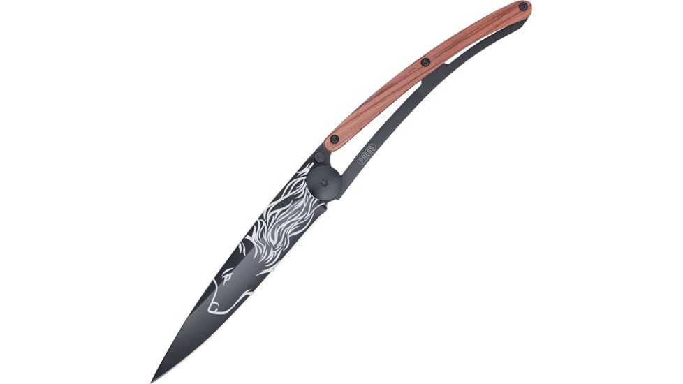 Deejo Black Tattoo Wolf Rosewood 37g Folding Knife,3.75in,Z40C13 Steel,Black Titanium,Rosewood Handle DEE1GB100