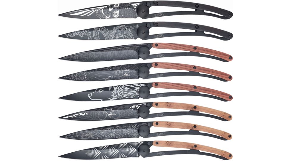 Deejo Display Box 8 Black Tattoo 37g Folding Knife,3.75in,Z40C13 Steel,Standard Edge,Black Titanium DEE036