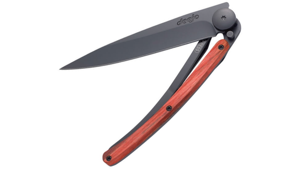 Deejo Hetre Rouge Linerlock Folding Knife, 3.75in Black Titanium Coated Z40C13 SS Blade, Red Beech Wood, Red, 1GB006