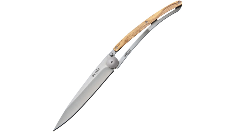 Deejo Linerlock 37g Olive Wood Folding Knife, 3.75 satin finish blade, Olive wood handle, 1CB000001