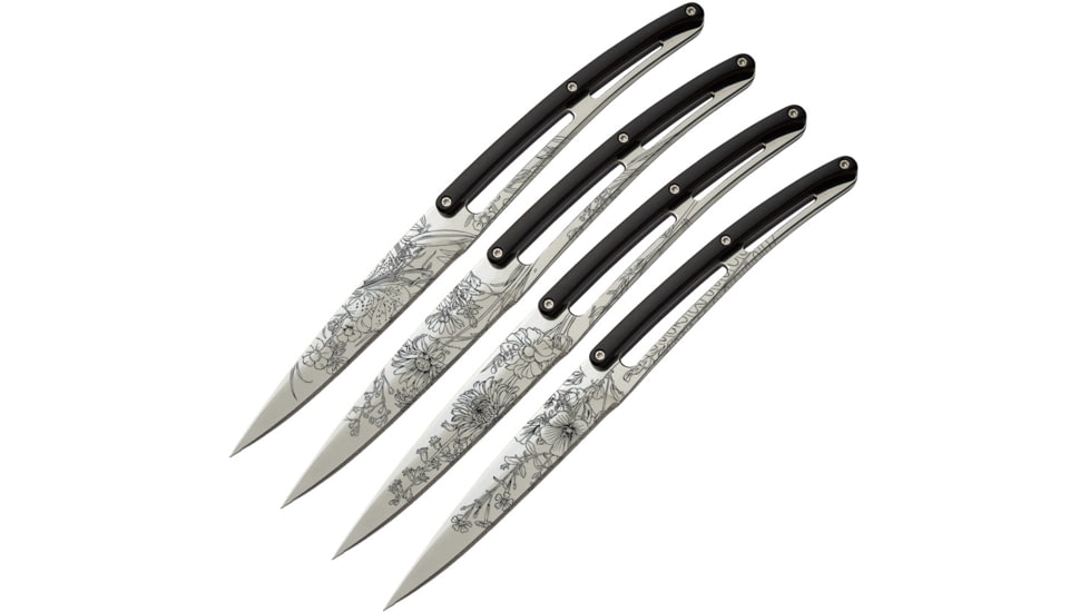 Deejo Steak Bistro Knife Set Blossom Kitchen Knives, 9in Overall, 4.25in Mirror Serrated 420 SS Blade, Black ABS, Black, 4AP010