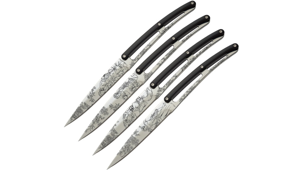 Deejo Steak Bistro Knife Set Toile Kitchen Knives, 9in Overall, 4.25in Mirror Serrated 420 SS Blade, Black ABS, Black, 4AP011