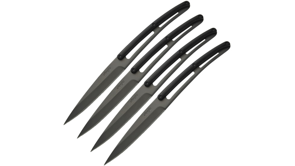 Deejo Steak Bistro Tiium Kitchen Knives, 9in Overall, 4.25in Black Titanium Coated Serrated 420 SS Blade, Black ABS, Black, 4FP001