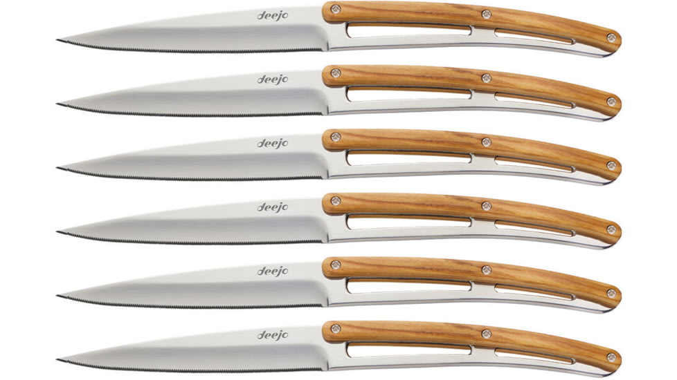 Deejo Steak Knife Set, 4.25 mirror finish Z40C13 stainless blade, Olive wood handle, 6AB000001