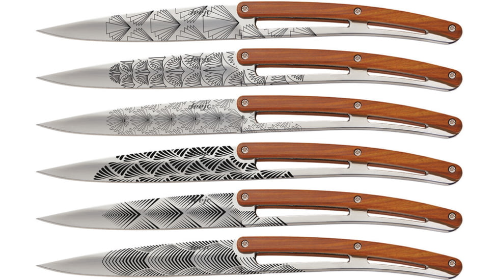 Deejo Steak Knife Set Art Deco, 4.25 satin finish Z40C13 stainless blade, Coralwood handle, 6AB000101