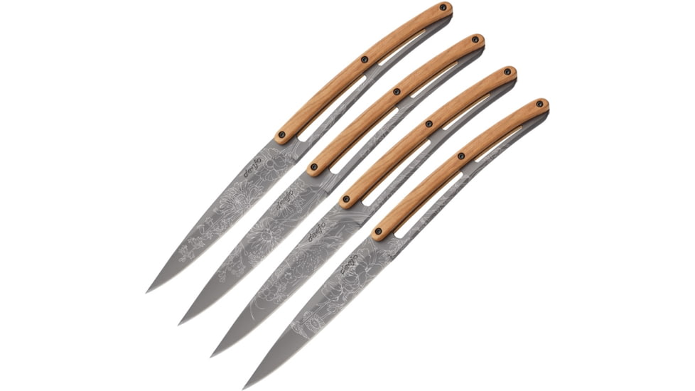 Deejo Steak Knives Tiium Blossom Kitchen Knives, 9in Overall, 4.25in Titanium Coated Z40C13 SS Blade, Olive Wood, 4FB010