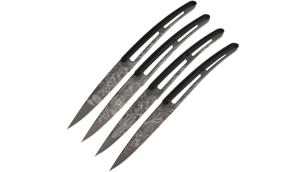 Deejo Steak TI Paperstone Blossom Kitchen Knives, 9in Overall, 4.25in Gray Titanium Coated Z40C13 SS Blade, Black Paperstone, Black, 4FS020