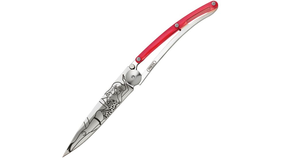 Deejo Tattoo 27g Red Pin Up Folding Knife, Red Pin Up Tattoo DEE9AP024