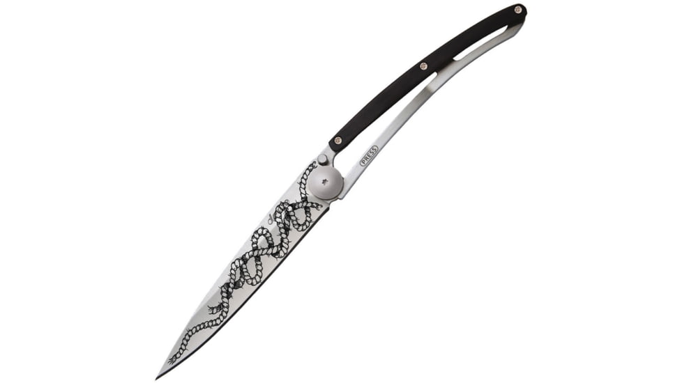 Deejo Tattoo 37g Ebony Rope Folding Knife, 3.75in Z40C13 SS Blade, Ebony Wood, 1CB045