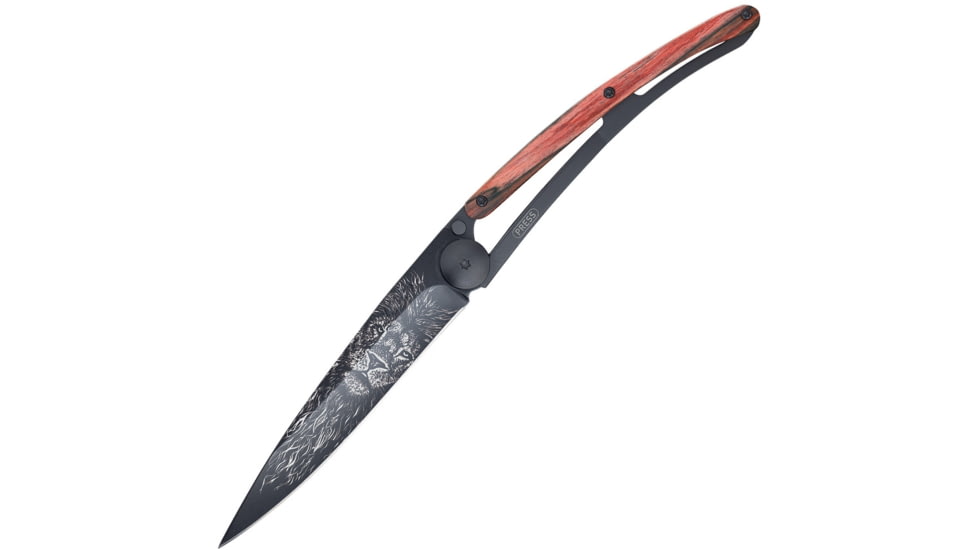 Deejo Tattoo 37g Lion Folding Knife, 3.75in Black Titanium Coated Z40C13 SS Blade, Red Beech Wood, Red, 1GB142