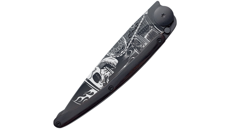 Deejo Tattoo 37g Ride or Die Folding Knife, 3.75in Black Titanium Coated Z40C13 SS Blade, Ebony Wood, Black, 1GB134