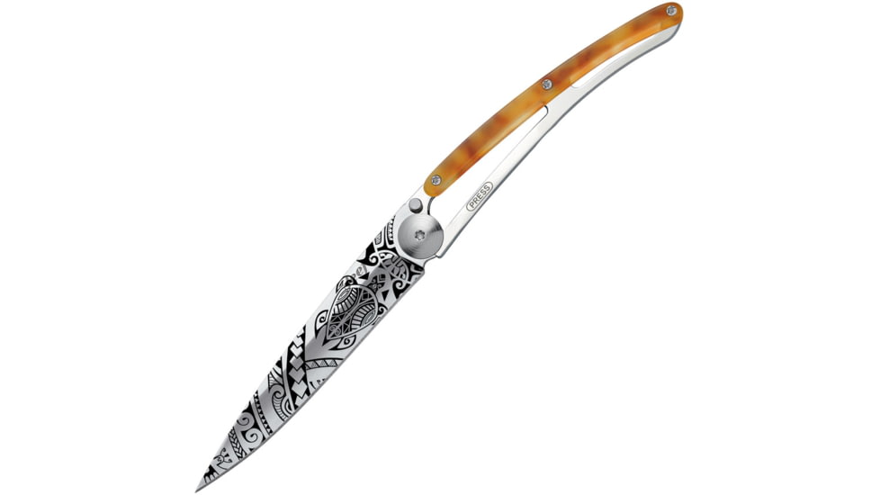 Deejo Tattoo Linerlck 37g Polynesian Folding Knife, 3.75 satin finish Z40C13 stainless blade, Imitation tortoise shell handle with stainless bac, 1AC000101