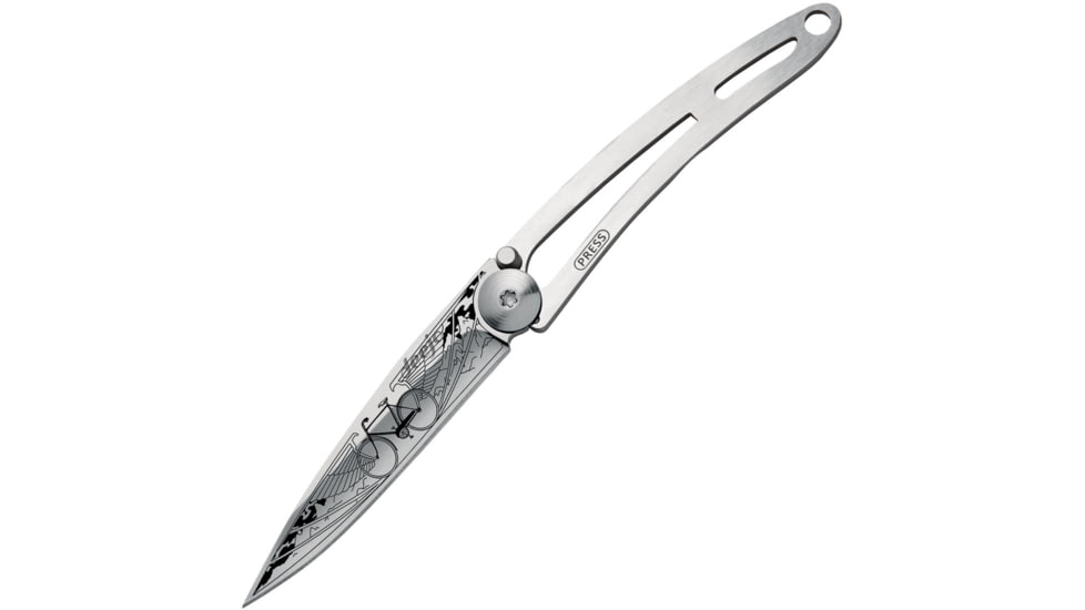 Deejo Tattoo Linerlock 15g Bicycle Folding Knife, 2 satin finish Z40C13 stainless blade, Stainless handle, 7AK000002