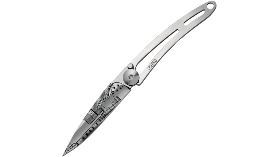Deejo Tattoo Linerlock 15g Rock/Roll Folding Knife, 2 satin finish Z40C13 stainless blade, Stainless handle, 7AK000003