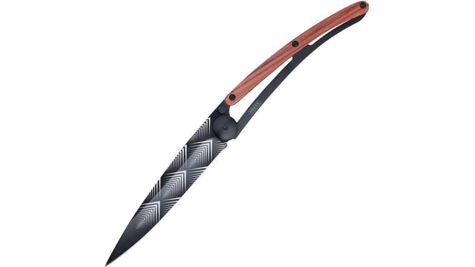 Deejo Tattoo Linerlock 27g Art Deco Folding Knife, 3 black titanium coated Z40C13 stainless blade, Coralwood handle, 9GB000101