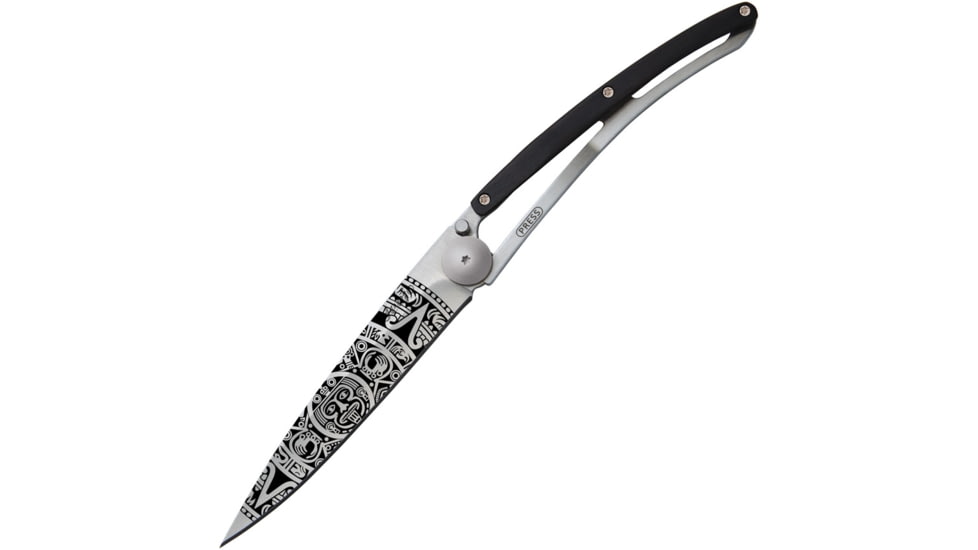 Deejo Tattoo Linerlock 37g Aztec Sun Folding Knife, 3.75 satin finish Z40C13 stainless blade, Ebony wood handle, 1CB000073