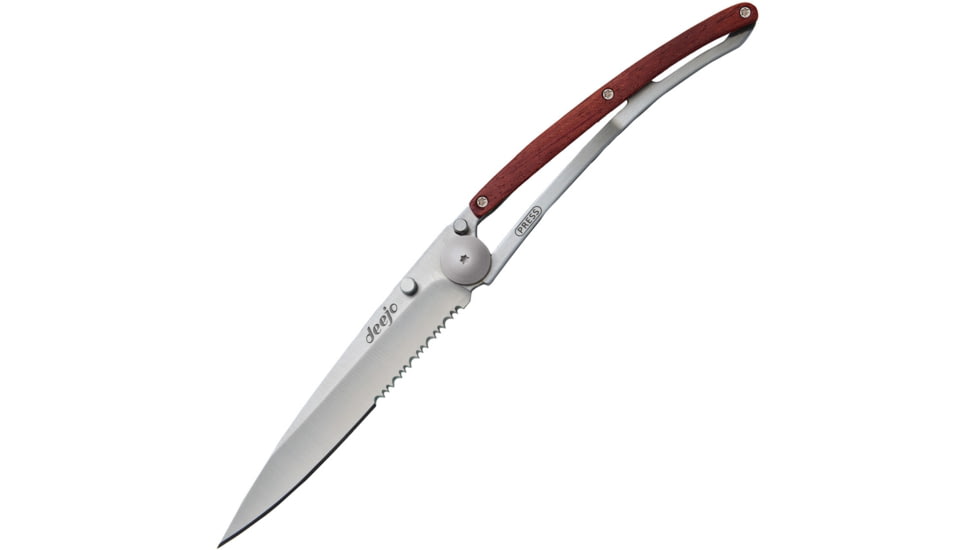 Deejo Tattoo Linerlock 37g Coralwood Folding Knife, 3.75 satin finish partially serrated Z40C13 stain, Coralwood handle, 1CB000505