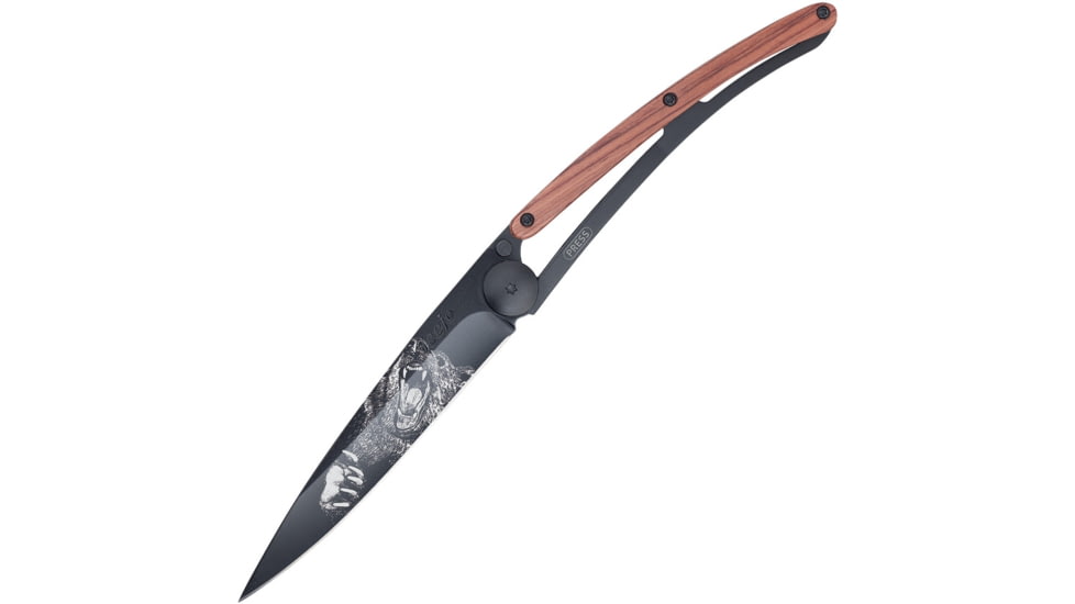 Deejo Tattoo Linerlock 37g Grizzly Folding Knife, 3.75in Black Titanium Coated Z40C13 SS Blade, Pocket Clip, Grizzly Bear Blade Tattoo, Coralwood Front, 1GB128