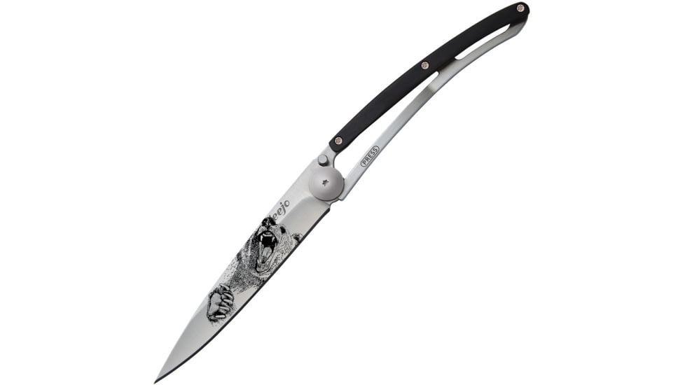 Deejo Tattoo Linerlock 37g Grizzly Folding Knife, 3.75in Z40C13 SS Blade, Pocket Clip, Grizzly Bear Blade Tattoo, Ebony Wood Front, 1CB040