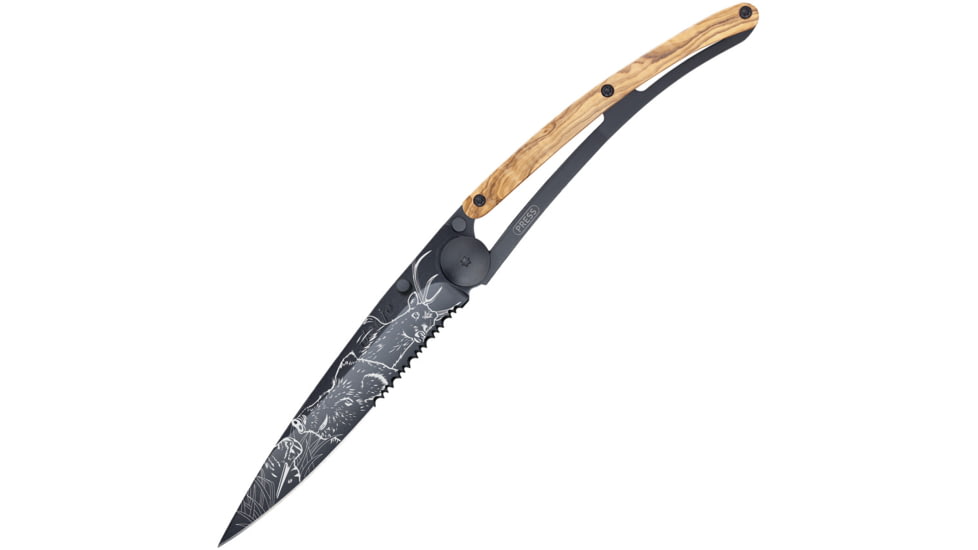 Deejo Tattoo Linerlock 37g Hunting Folding Knife, 3.75 black titanium coated partially serrated Z40, Olive wood handle, 1GB000512