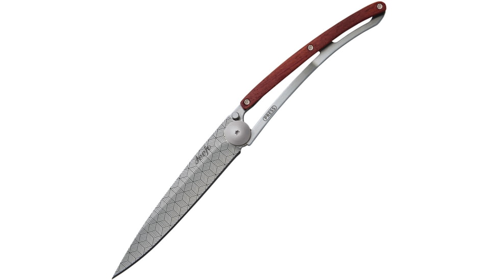 Deejo Tattoo Linerlock 37g Illusion Folding Knife, 3.75in Z40C13 SS Blade, Pocket Clip, Illusion Blade Tattoo, Coralwood Front, 1CB042