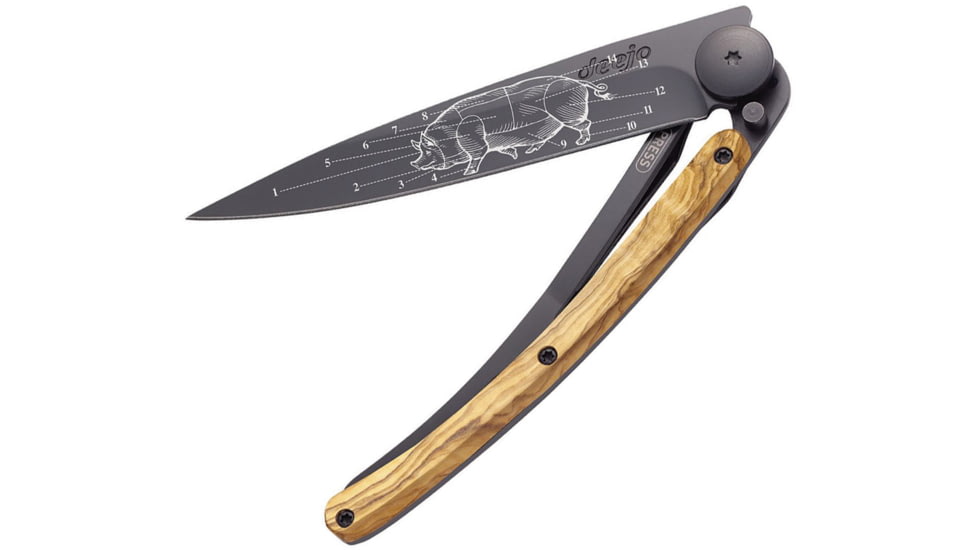 Deejo Tattoo Linerlock 37g Prime Cut Folding Knife, 3.75 black titanium coated Z40C13 stainless blade, Olive wood handle, 1GB000152