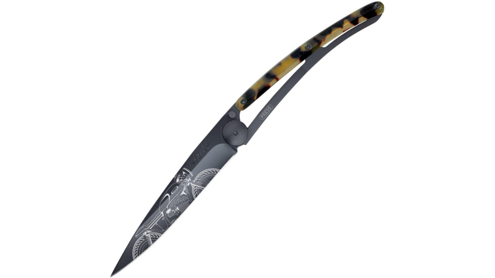 Deejo Tattoo Linerlock 37g Racer Folding Knife, 3.75 black finish Z40C13 stainless blade, Imitation tortoise shell handle with black stainle, 1GC000102