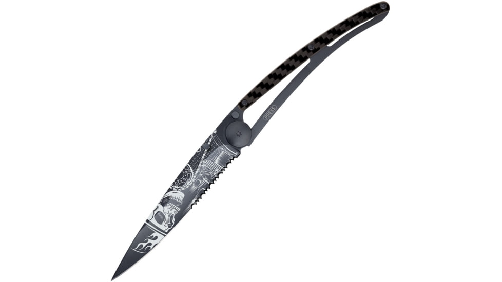 Deejo Tattoo Linerlock 37g Ride/Die Folding Knife, 3.75 black titanium coated partially serrated Z40, Carbon fiber handle, 1GC000511