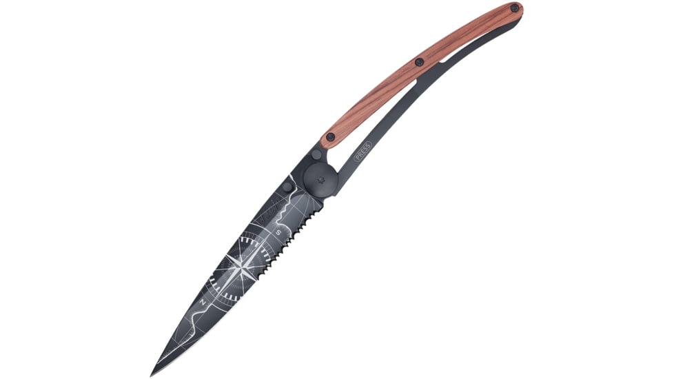Deejo Tattoo Linerlock 37g Terra Folding Knife, 3.75 black finish partially serrated Z40C13 stain, Coralwood handle, 1GB000554