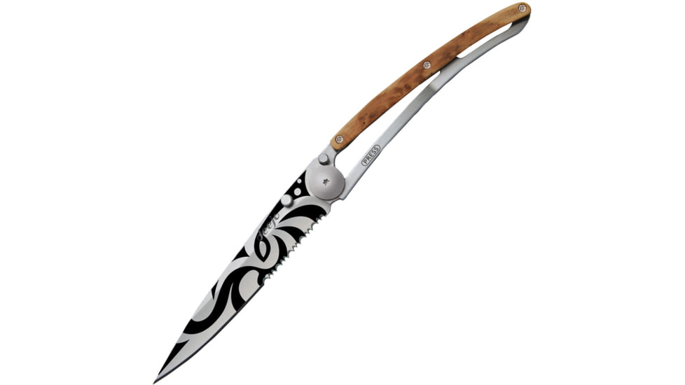 Deejo Tattoo Linerlock 37g Tribal Folding Knife, 3.75 satin finish partially serrated Z40C13 stain, Juniper wood handle, 1CB000512