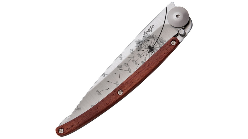 Deejo Tattoo Ti 37g Make a Wish Folding Knife, 3.75in Z40C13 SS Blade, Coralwood Handle With SS Back Handle, Pocket Clip, 37G, Make A Wish Blade Tattoo, 1CB057
