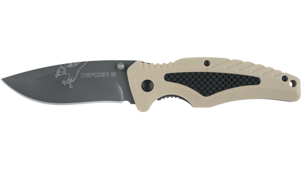 Defcon 5 Bravo Tactical Folding Knife, 3.14in, SS 8Cr13MOV, SS Blade w/ Ti Coating, GFN Handle w/ Carbon Fiber, Tan, D5-K002