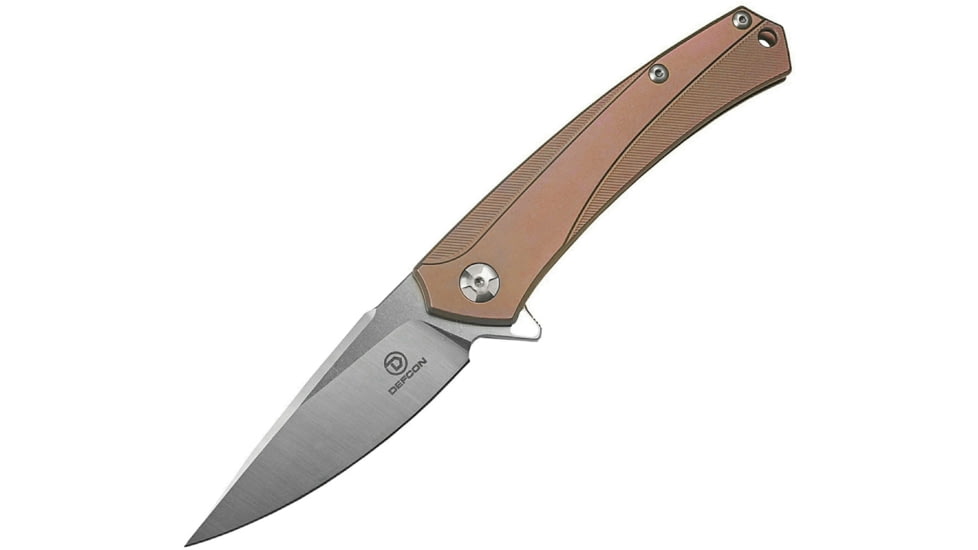 Defcon JK Barracuda Framelock Bronze Folding Knife, 3.5in Satin D2 Tool Steel Blade, Bronze Titanium Handle, Pocket Clip, TF3330