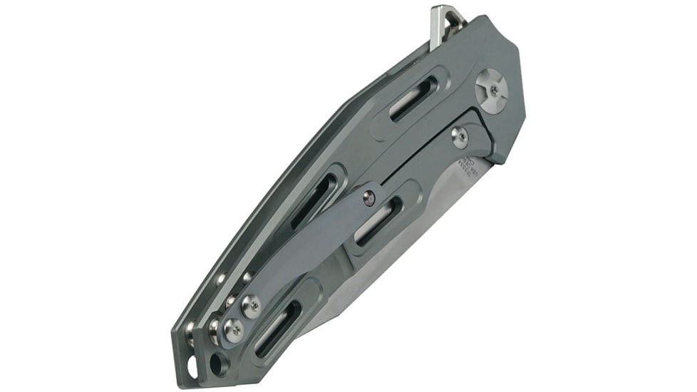 Defcon JK Cutter Framelock Folding Knife, 3.5in Satin D2 Tool Steel Drop Point, Gray Satin Titanium Handle, Pocket Clip, TF3334