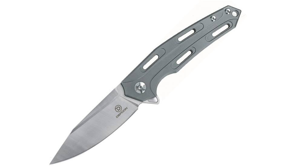 Defcon JK Cutter Framelock Folding Knife, 3.5in Satin D2 Tool Steel Drop Point, Gray Satin Titanium Handle, Pocket Clip, TF3334