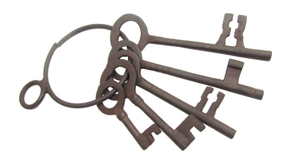 Denix Old West Jailers Keys, Set Of 5 Antique Black Metal Keys On Large Metal Ring, 29-711