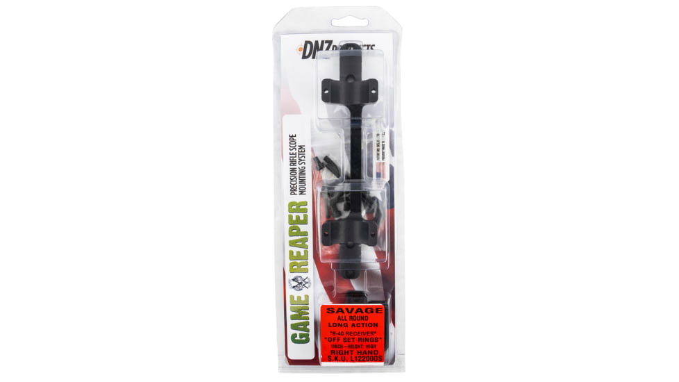 DNZ Products Game Reaper Scope Mount - Savage, Matte Black, Savage Round Receiver w/8-40 Screw Holes, 1in Tube, High Offset Rings, Long Action, L12200OS