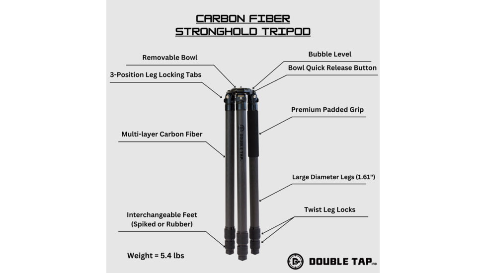 Double Tap Industries Stronghold Carbon Fiber Shooting Tripod w/Leveling Head, Black, TRI-CF-002L