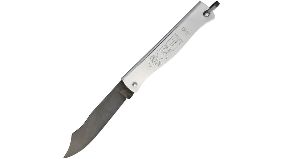 Douk-Douk Le Tiki Folder Folding Knife, 2.5 black finish carbon steel blade, Folded steel handle with Tiki artwork, 829PM
