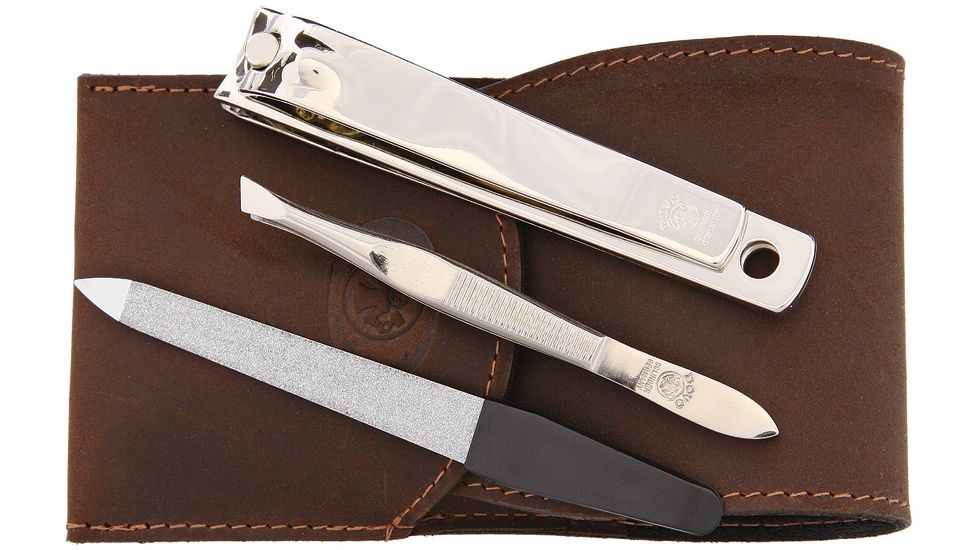 Dovo Nickel Plated Pocket Set w/Nail Clippers,Tweezers and File and Brown Leather Pouch, 4009 051